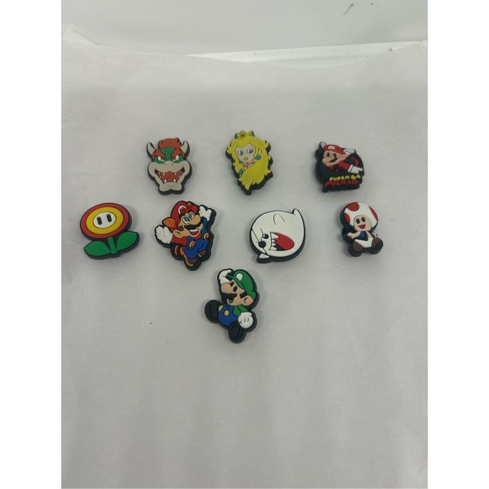 Set of 8 Mario Shoe Charms – Bowser, Princess Peach, Mario, Luigi & More